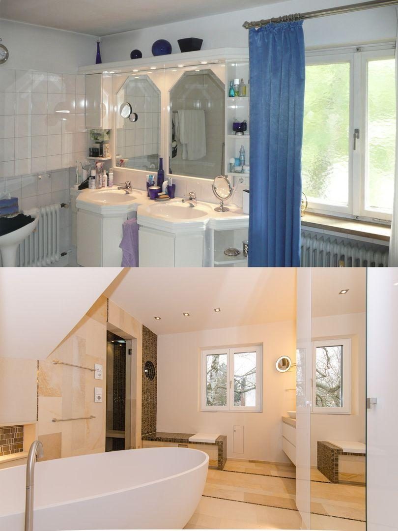 Altes Badezimmer vor der Sanierung und modernes Bad nach der Fliesenarbeit