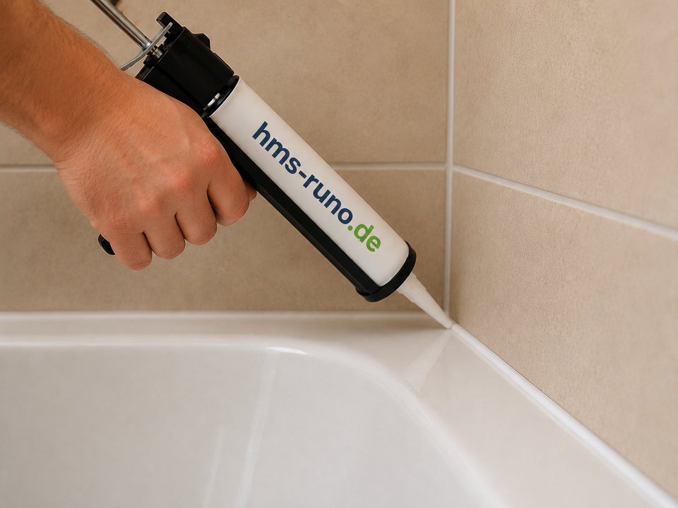 Frisch erneuerte Silikonfuge an einer weißen Badewanne